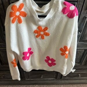 White Sweater with Orange and Pink Floral Design